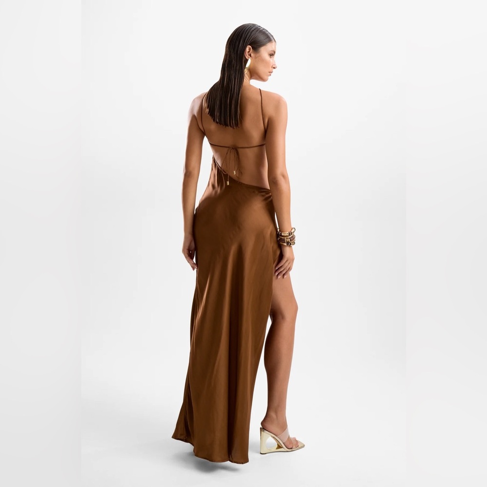 NWT Cin Cin VILLA LOBSTER MAXI DRESS - MOCHA in brown satin dress - Picture 2 of 5